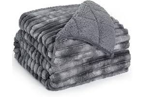 UINIU Sherpa Fleece Weighted Blanket with 3D Ribbed Stripes, 15 lbs Soft Flannel Heavy Throw Blanket for Couch Bed Sofa, Heavy Thick Blankets with Glass Beads, Great for Sleep, 48" x 72"