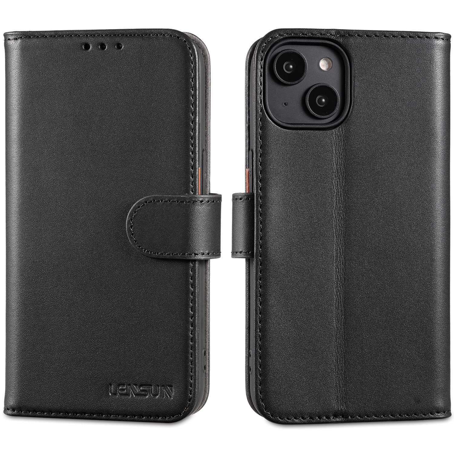 LENSUN Case for iPhone 14, Genuine Leather Wallet Flip Phone Cover [RFID Blocking] with Card Holder and Magnetic Closure Compatible with Apple iPhone 14 5G- Black