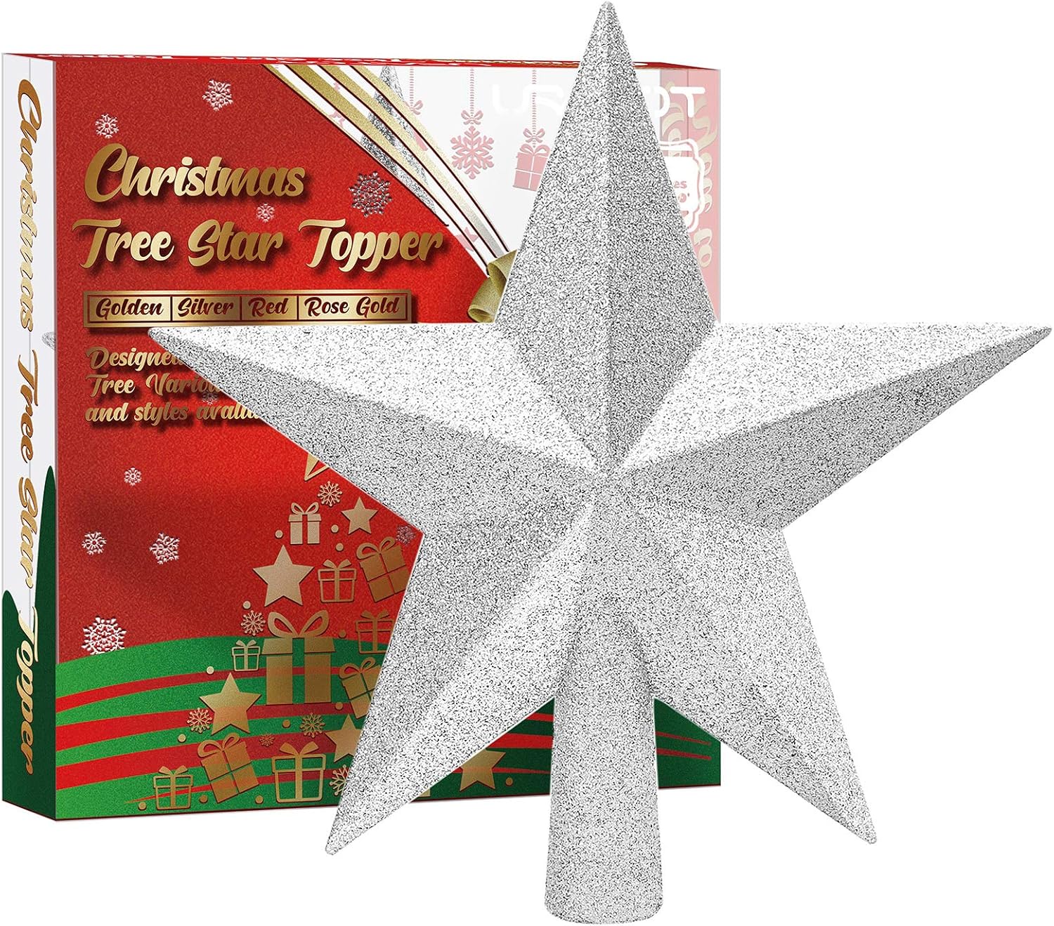 Tree Toppers - URATOT Glittered Christmas Star Tree Topper Christmas Decorative Holiday Treetop Shatterproof Star Ornament for Holiday Christmas Tree Decoration