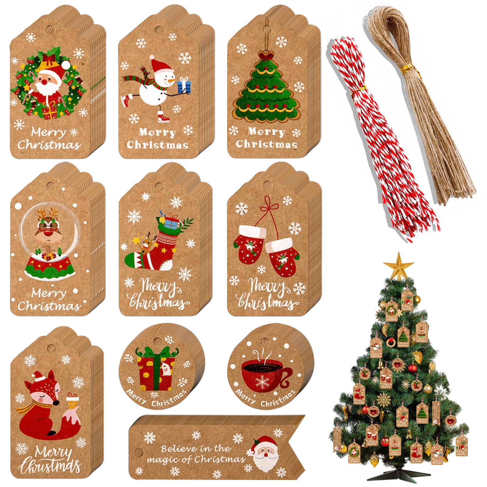 Kraft Gift Tags - 100 Pcs Xmas Labels for Presents, Gift Packaging Strings, Arts Craft, Tree Decoration
