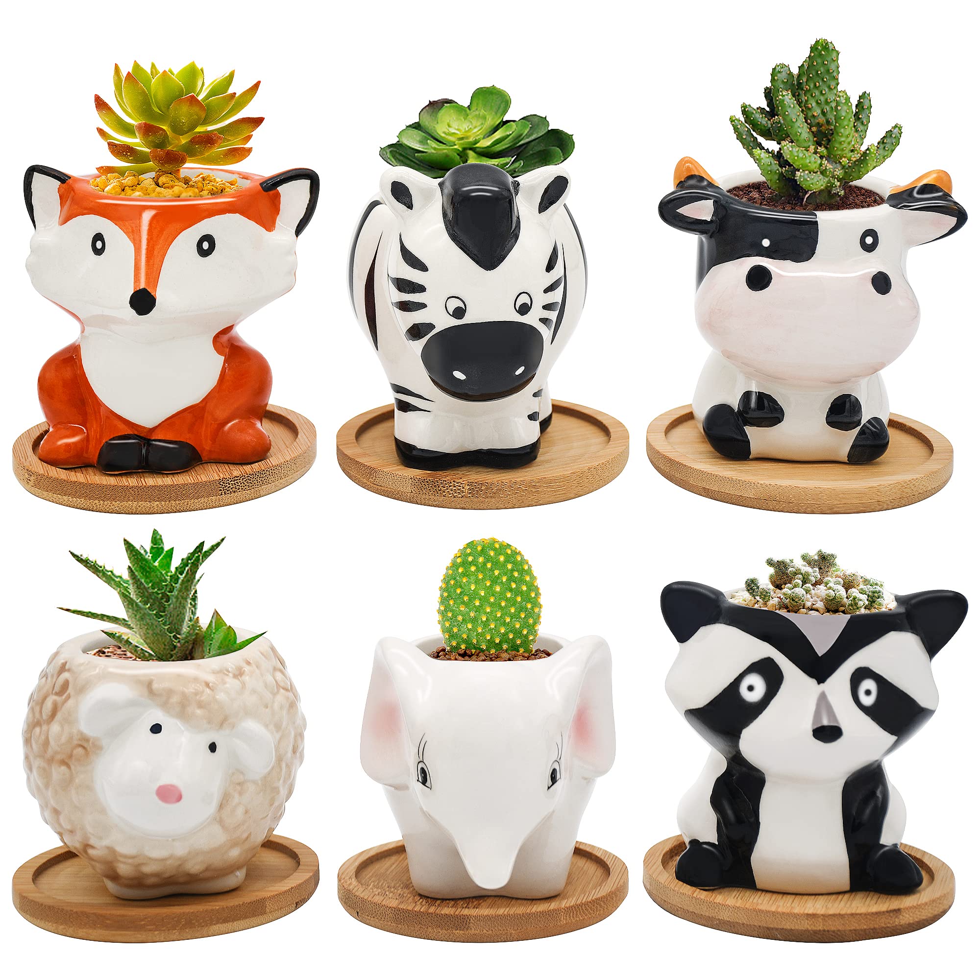 GCCL 6 Pcs Ceramic Small Succulent Plant Pots, Modern Animal Shaped Cactus Flower Pot for Indoor Outdoor Plants with Bamboo Tray and Drainage Hole, Great for Garden Home Office Decor and Gift