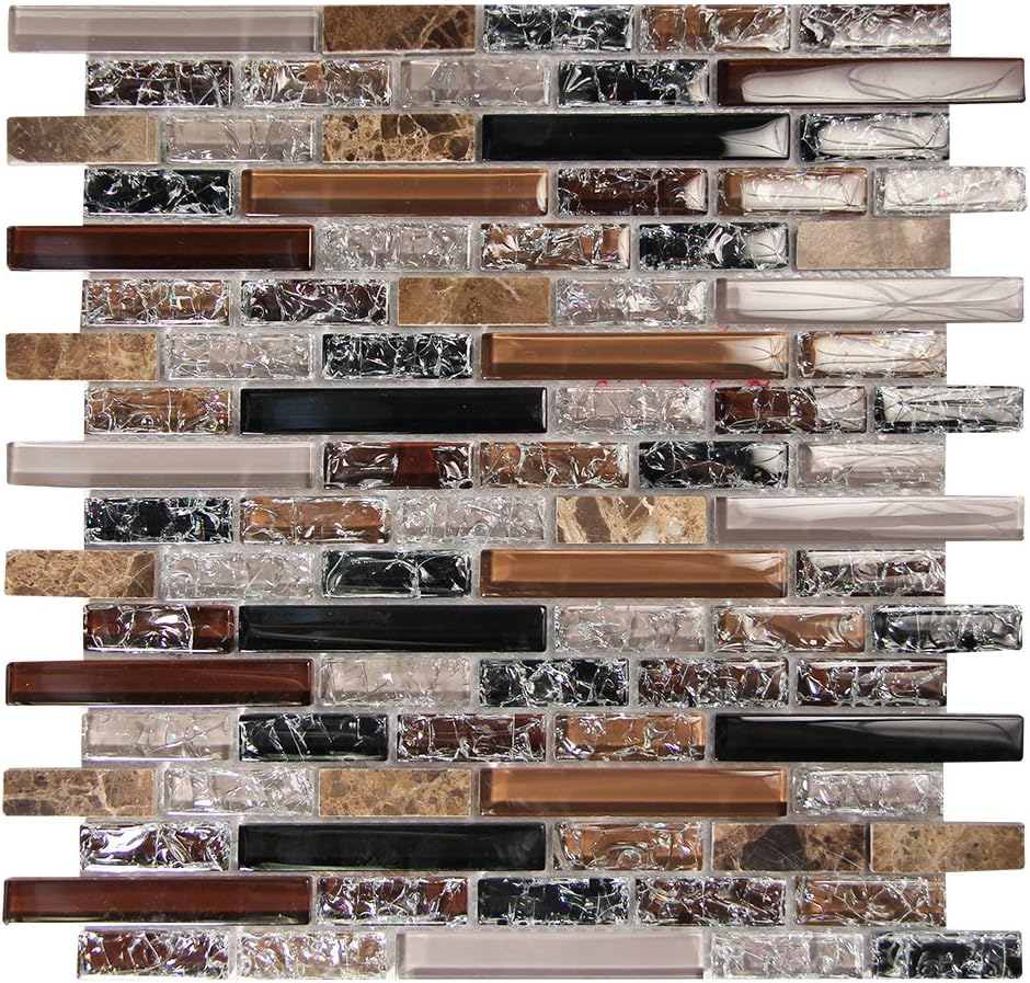 Taupe Brick Pattern Linear Mosaic Glass Tile - Brown, Taupe, Copper Cracked Glass, Brown Marble - Backsplashes, Walls - Eros 2 (5 Sheets)