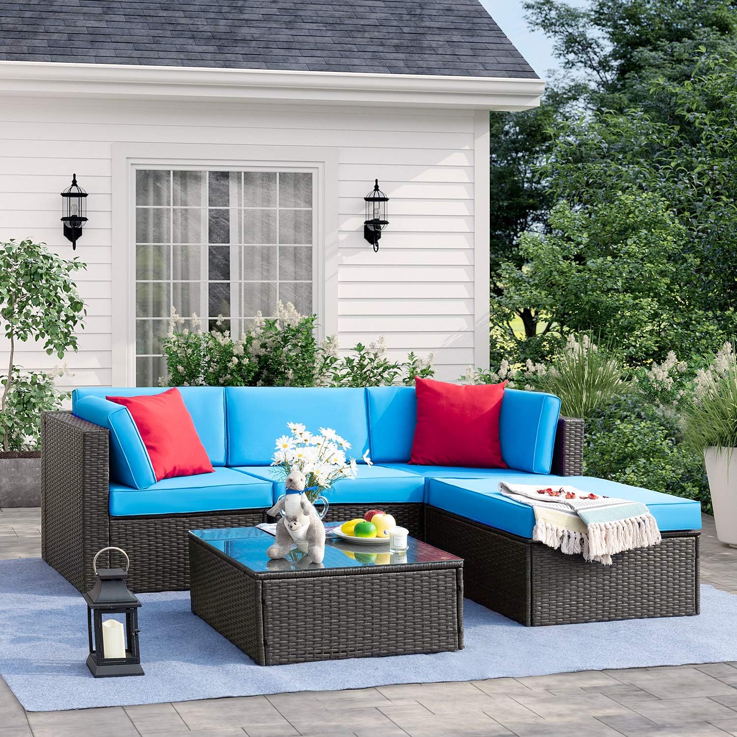 Tuoze 5 Pieces Patio Furniture Sectional Set Outdoor All-Weather PE Rattan Wicker Lawn Conversation Sets Cushioned Garden Sofa Set with Glass Coffee Table (Blue): Garden & Outdoor