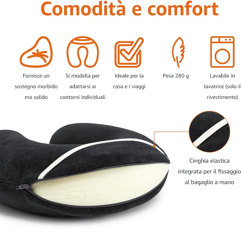 Cuscino per il collo, in memory foam, 1 unità, Semicircolare, Nero