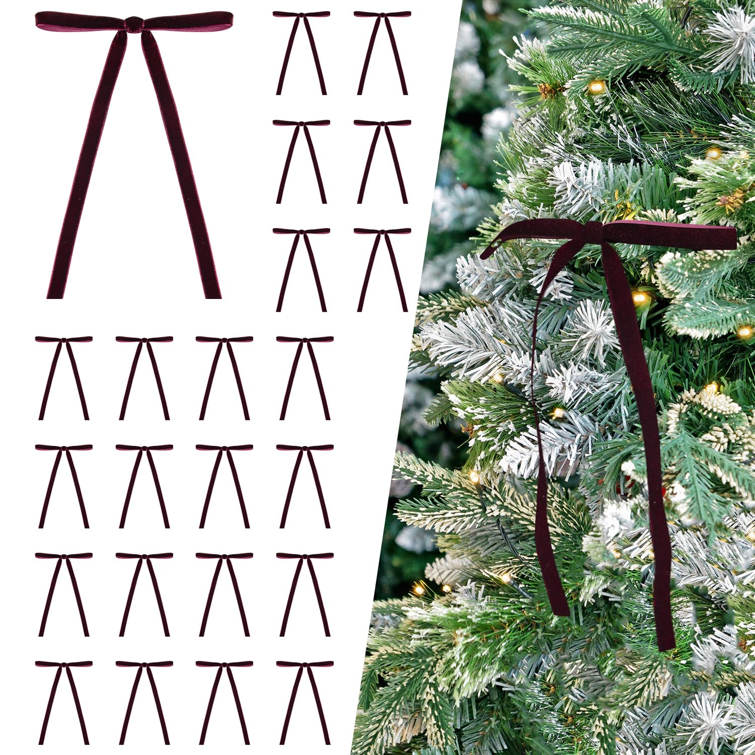 Photo 1 of 24 Pcs Deep Burgundy Velvet Bows Ornaments for Christmas Tree, Vintage Elegant Velvet Christmas Bows Tree Decorations, Indoor Home Decor for Wreath Mantle Gift Wrap Holiday Decor, 3/8'' W, 5 * 7 inch