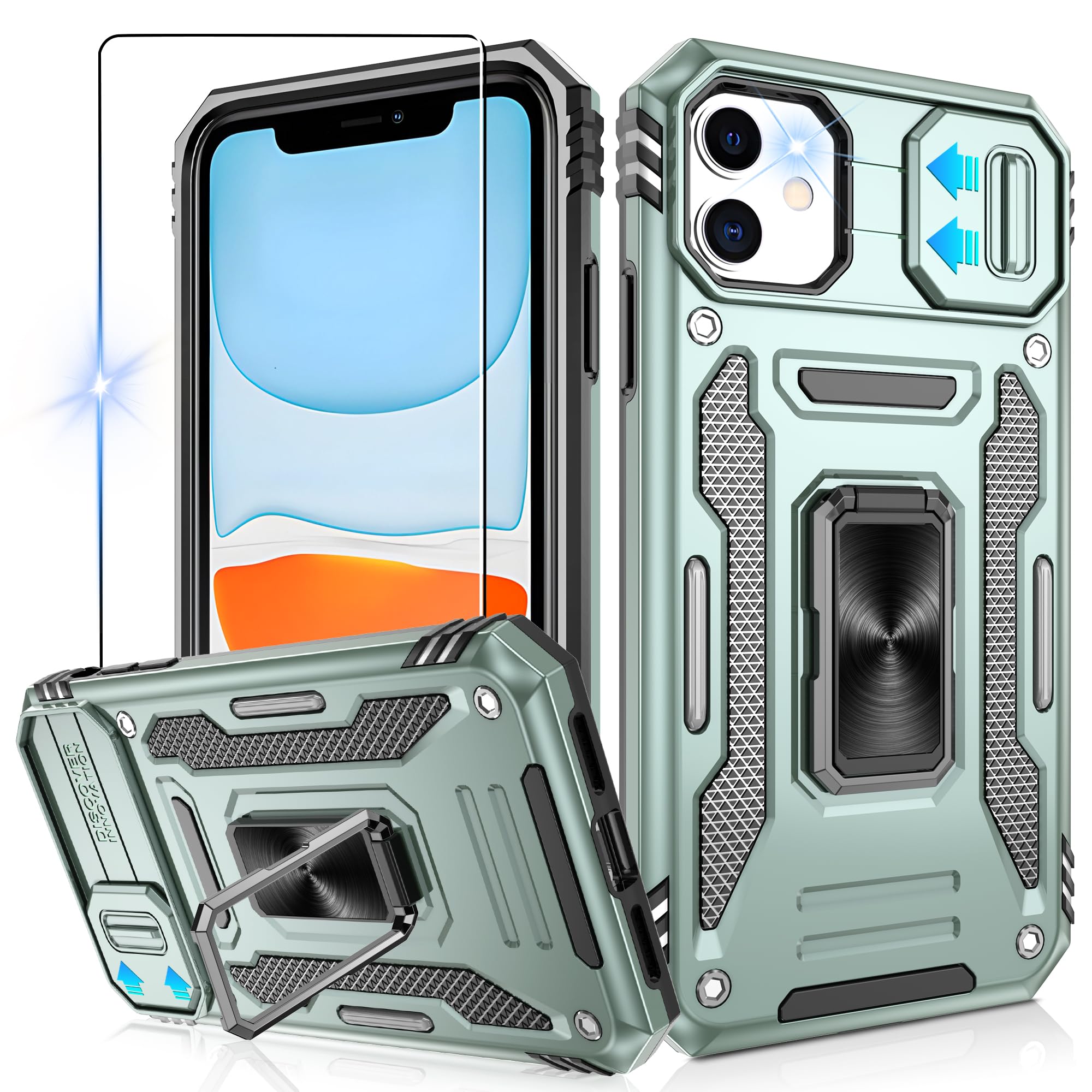 Jshru for iPhone 11 Phone Case with Slide Camera Cover [Upgrade],Military Grade Shockproof iPhone 11 Case with Ring Kickstand, Anti-Scratch Armour Phone Cover for iPhone 11 (6.1 inch),Alpine Green — image 1
