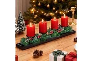 Hanobe Christmas Centerpieces for Table Decorations: 27.5" Foldable Wooden Tray with 4 Christmas Candle Holders Pine Cones Berries - Rustic Holiday Centerpiece for Kitchen Dining Room Mantel Decor