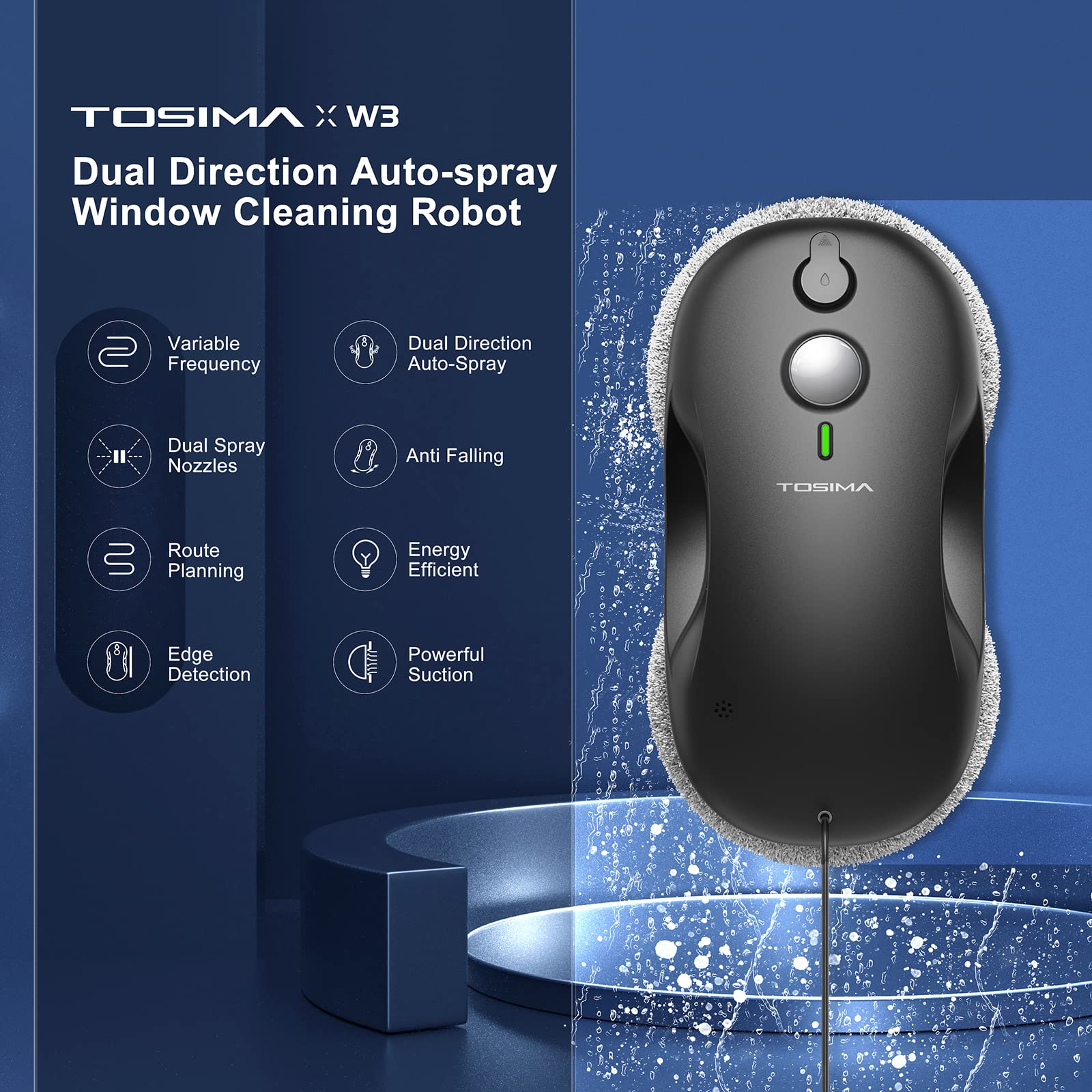 Tosima W3 Robot limpiacristales - Limpiacristales inteligente con pulverización automática de doble dirección con triple sistema de seguridad, navegación inteligente, control remoto, para todas las superficies lisas, con 12 trapos, negro