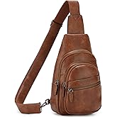 Sling Bag,RAVUO PU Leather Crossbody Backpack for Women Men Casual Hiking Daypack Multipurpose Chest Bag for Work College Brown