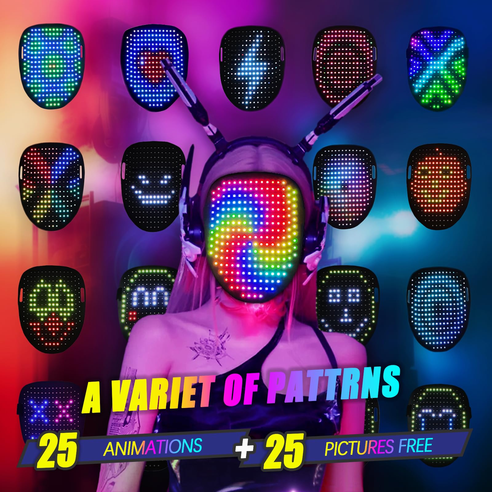 Ompusos LED Mask with Gesture Sensing, Light-Up Transforming Face Cover for Halloween, Christmas, Cosplay & Birthday Parties