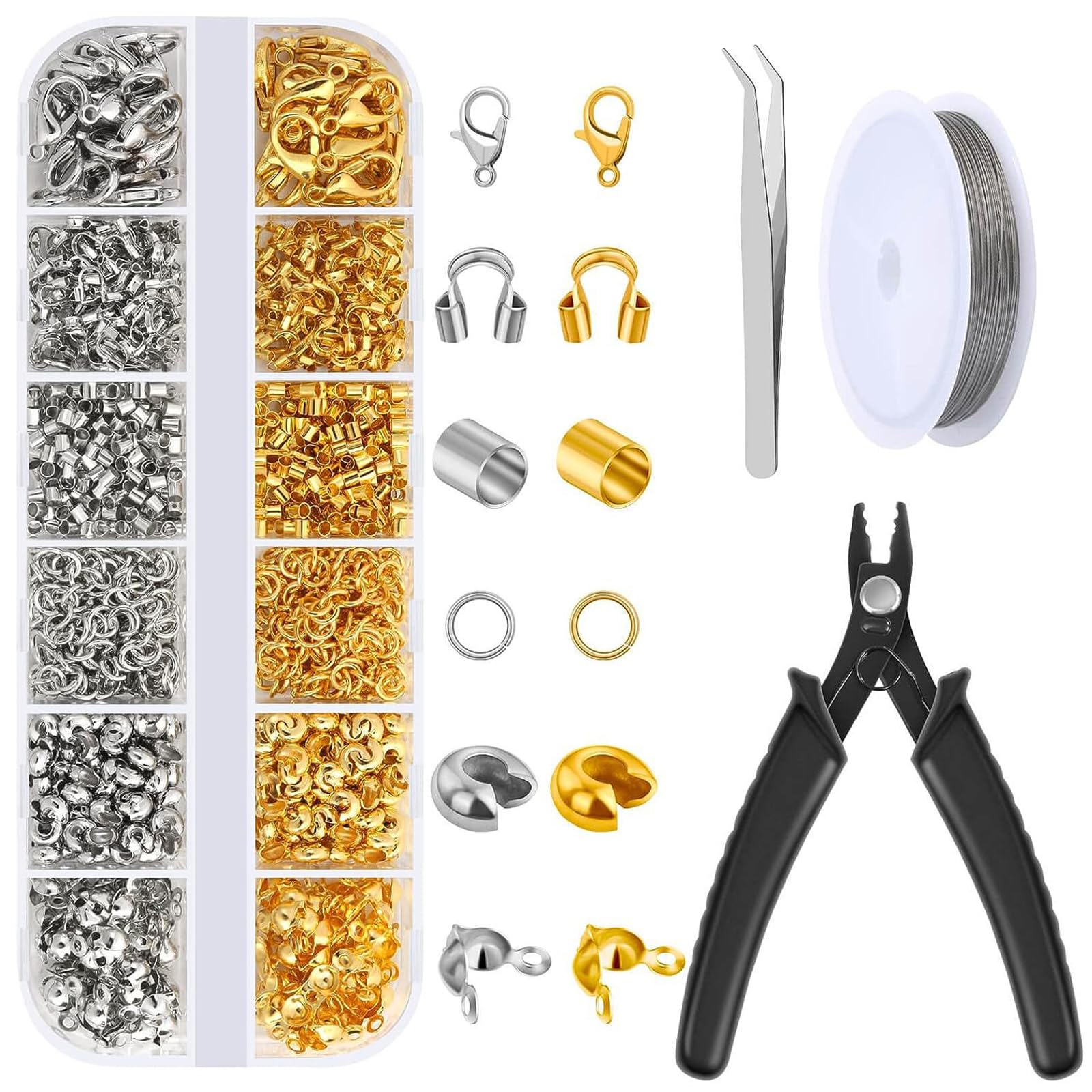 1200 Pcs Crimp Bead Kit for Jewelry Making, 6 Styles Jewelry Making Supplies with Crimping Pliers & Beading Wire, Crimp Caps Tubes Lobster Clasps Rings Wire Guards for DIY Earring Bracelet Necklace