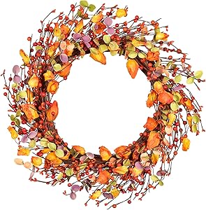 18inch Artificial Front Door Wreath Berry Wreath Fall Maple Leaf Wreath for Halloween and Thanksgiving Decor