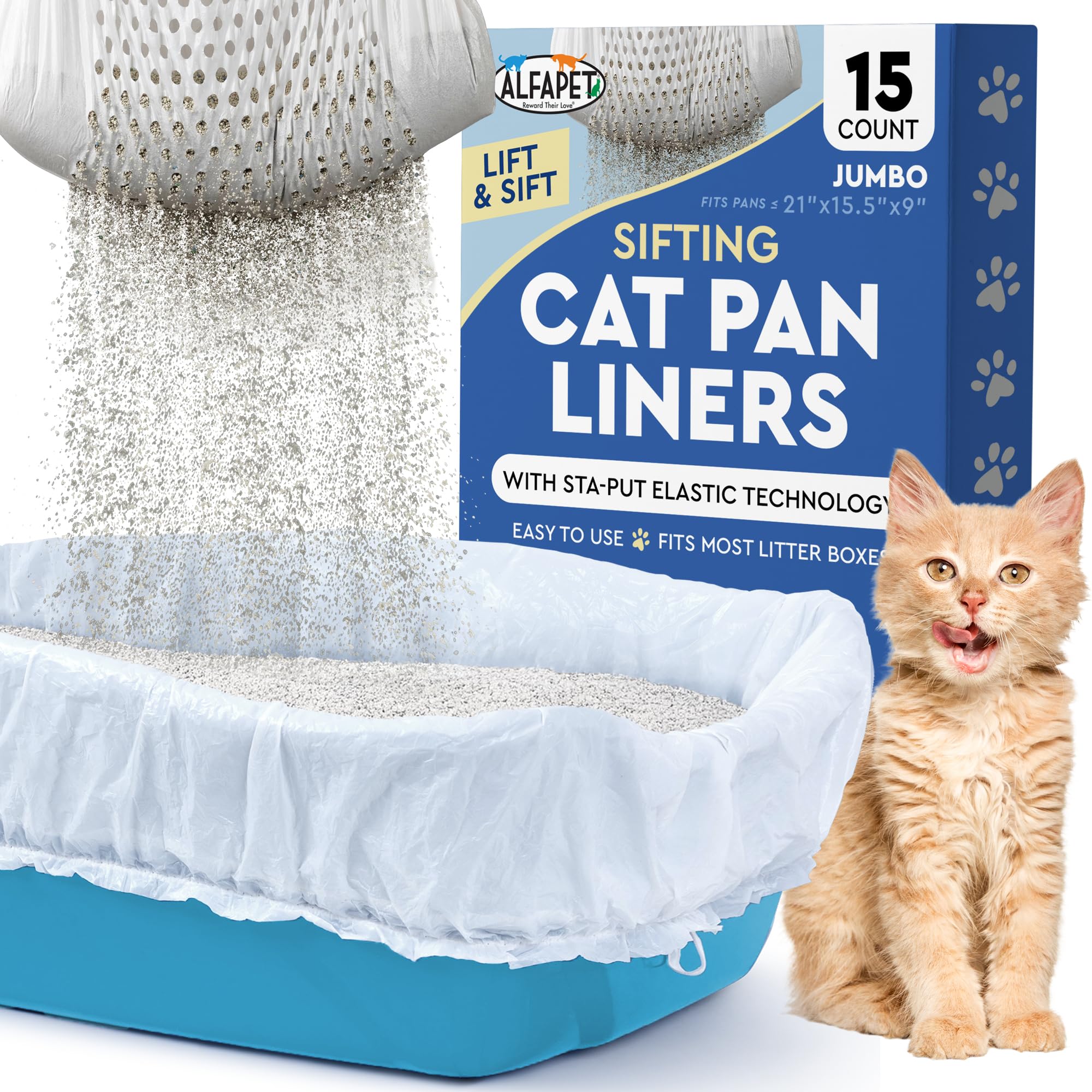 Alfapet Kitty Cat Pan Disposable, Elastic Sifting Liners- 5-Pack + 1 Solid Transfer Liner -For Large, X-Large, Giant, Extra-Giant Size Litter Boxes - Pack of 3
