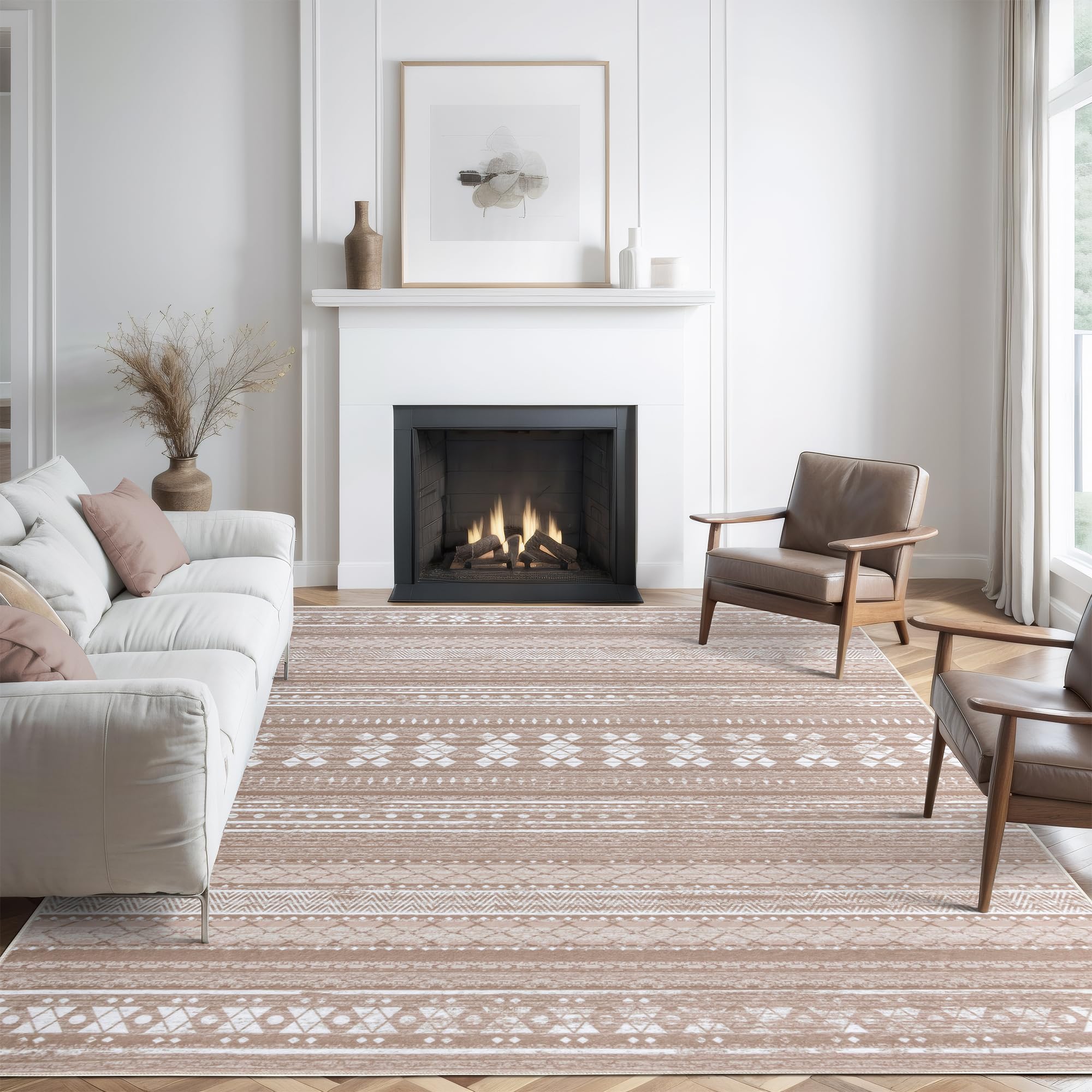 Photo 1 of VIPBED 4x6 Washable Area Rug, Boho Moroccan Farmhouse Neutral Low Pile Carpet, Soft Non-Slip Rugs for Living Room Bedroom Dining Room Nursery Dorm Home Decor, Brown