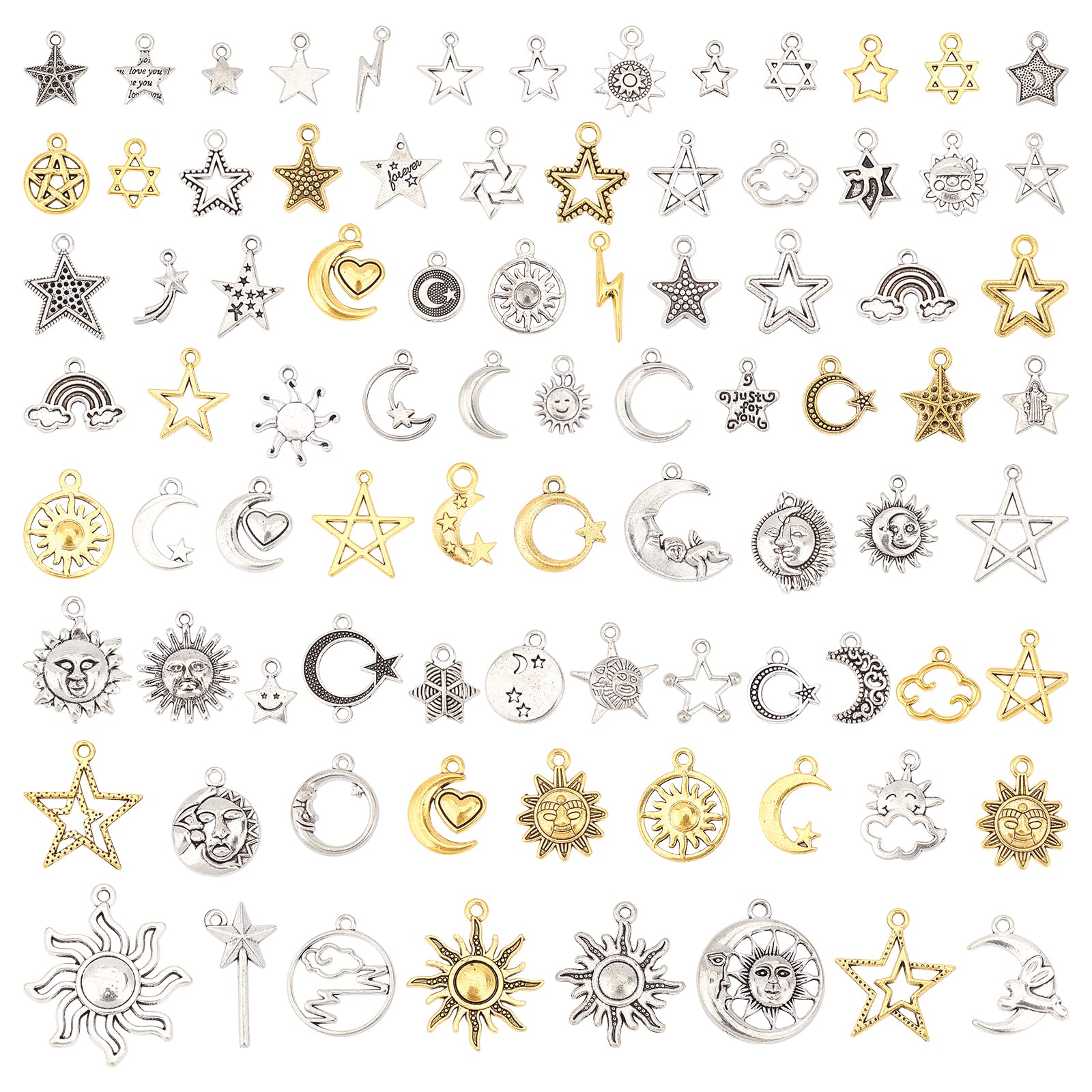 SUPERFINDINGS 2 Bags 2 Colors Sun Moon Star Jewelry Making Charm Tibetan Style Pendants Smooth Tibetan Silver Metal Charms Pendants for DIY Craft Jewelry Making