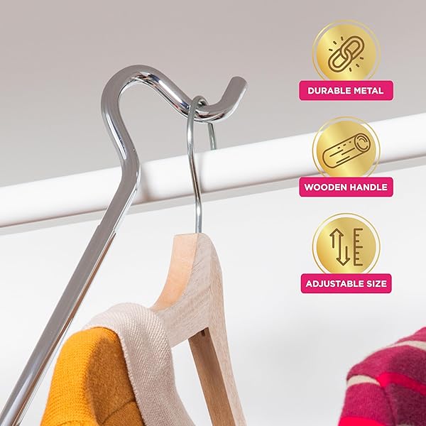 CLOSET REACHER POLE WITH HOOK AND WOODEN HANDLE, HEAVY DUTY – ADJUSTABLE 2.75-5 FEET, CHROME PLATED STEEL CLOTHING HANGER SHEPHERDS HOOK TO EASILY REACH CLOTHES ETC – PERFECT FOR COLLEGE DORM