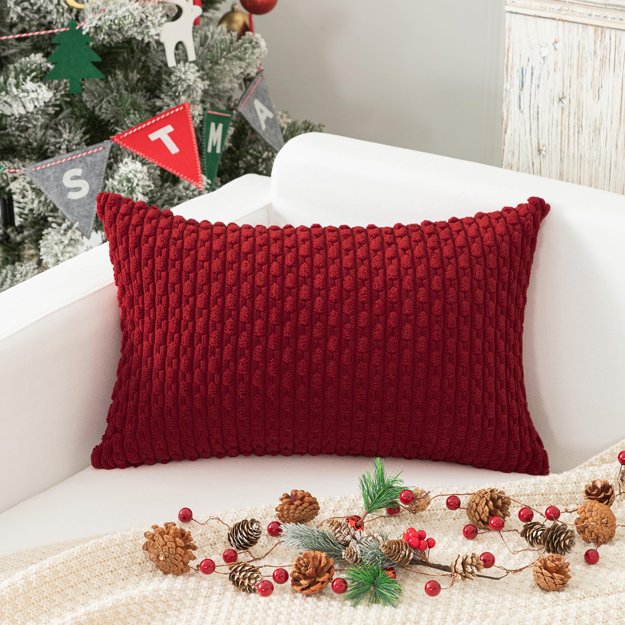 Photo 1 of Kevin Textile Valentines 12x20 Inch Pillow Cover 1 Pack Boho Decorative Soft Striped Corduroy Lumbar Farmhouse Color Accent Rectangle Cushion Case for Living Room Couch Sofa Bed, Burgundy