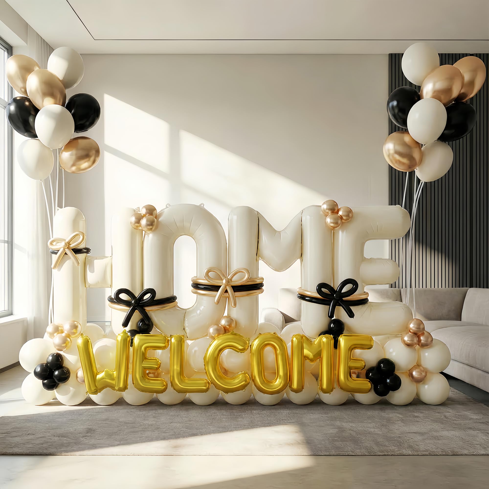 Photo 1 of 145Pcs Housewarming Party Decorations, 40Inch Beige Welcome Home Balloon Banner, Cream Ivory Black Gold Balloons for New Home Sweet House Warming Homecoming Party