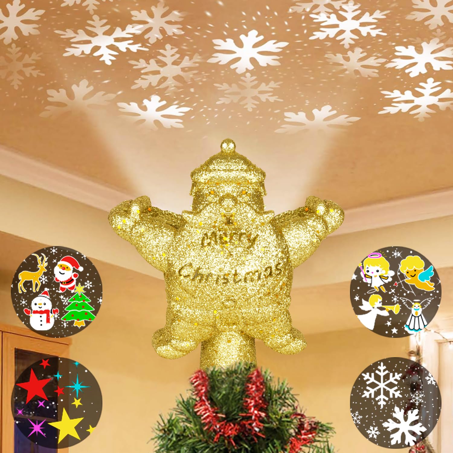Photo 1 of Lanzeyo Christmas Tree Topper Lighted with 4 Projected Patterns, Christmas Tree Topper Projector Build-in LED Rotating Lights, 3D Glitter Gold Santa Claus for Xmas Party Decoration (Santa Claus)