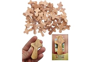 Zuluf 50 Small Olive Wood Hand Crosses Bethlehem Factory | Wooden Meditation Handheld Olive Wood Crosses From Bethlehem Israel | 6cm / 2.5 Inch Each Cross & 50 Holy Land Card Certificates CRS098