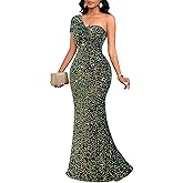 Cololura Women Sexy Sequin One Shoulder Mermaid Formal Party Cocktail Gowns Bodycon Evening Maxi Dress