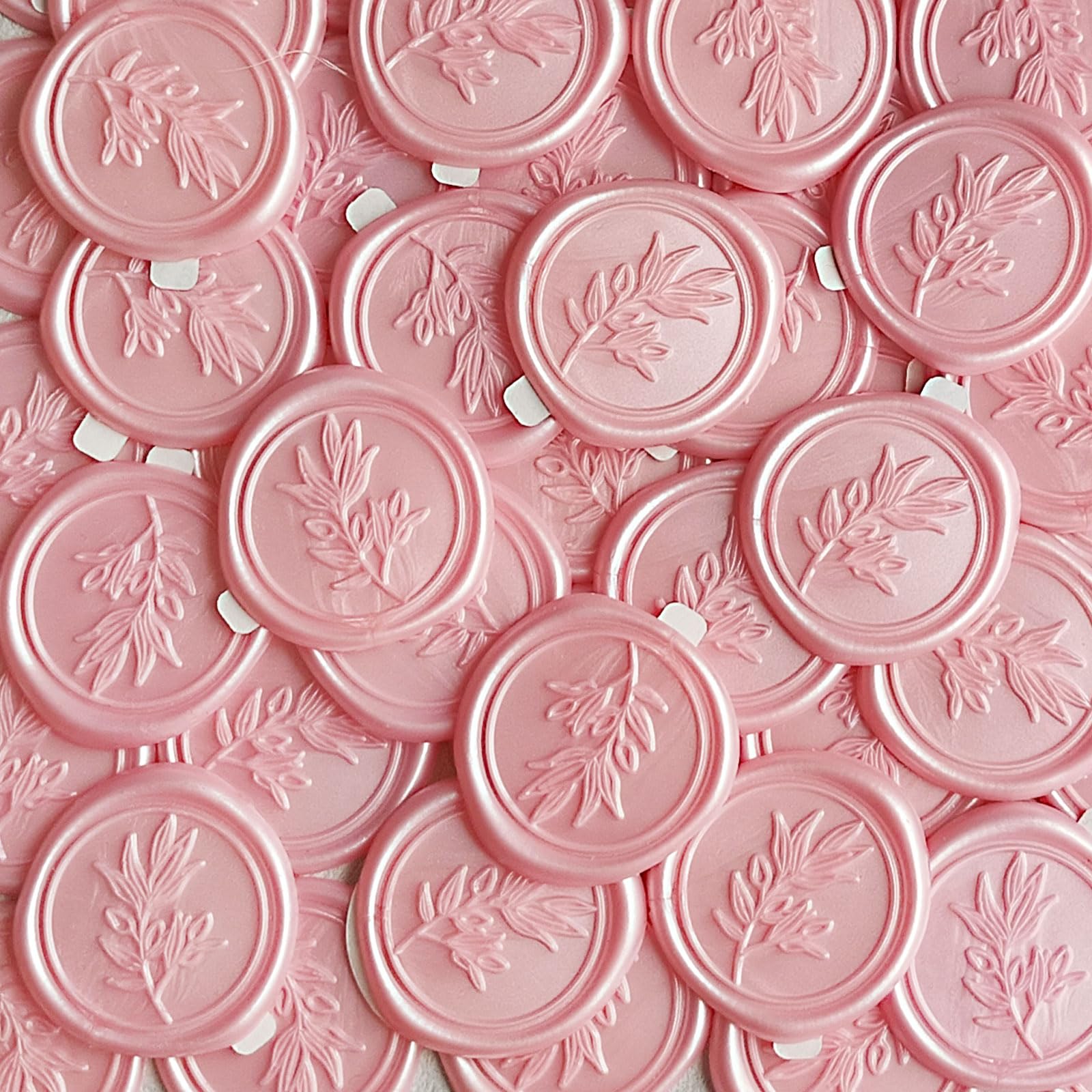 Pilloze 50Pcs Pink Self-Adhesive Wax Seal Stickers - Olive Branch Envelope Seal Stickers Perfect for Wedding Invitation, Envelopes, Wedding Invitation Accessories, Christmas Cards, Gift Wrapping