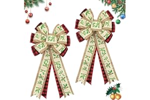Montekin Large Christmas Wreath Bows 20x11 Inch, 2 Pack Greenery Buffalo Plaid Burlap Wired Bow, Glitter Decorative Christmas Tree Topper Bow for Front Door Indoor Outdoor Xmas Decorations