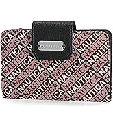 Nautica Womens, Close Reach Vegan Leather RFID Wallet, Small Credit Card Holder Purse with Zipper Coin Pocket and ID Window in Black Jacquard