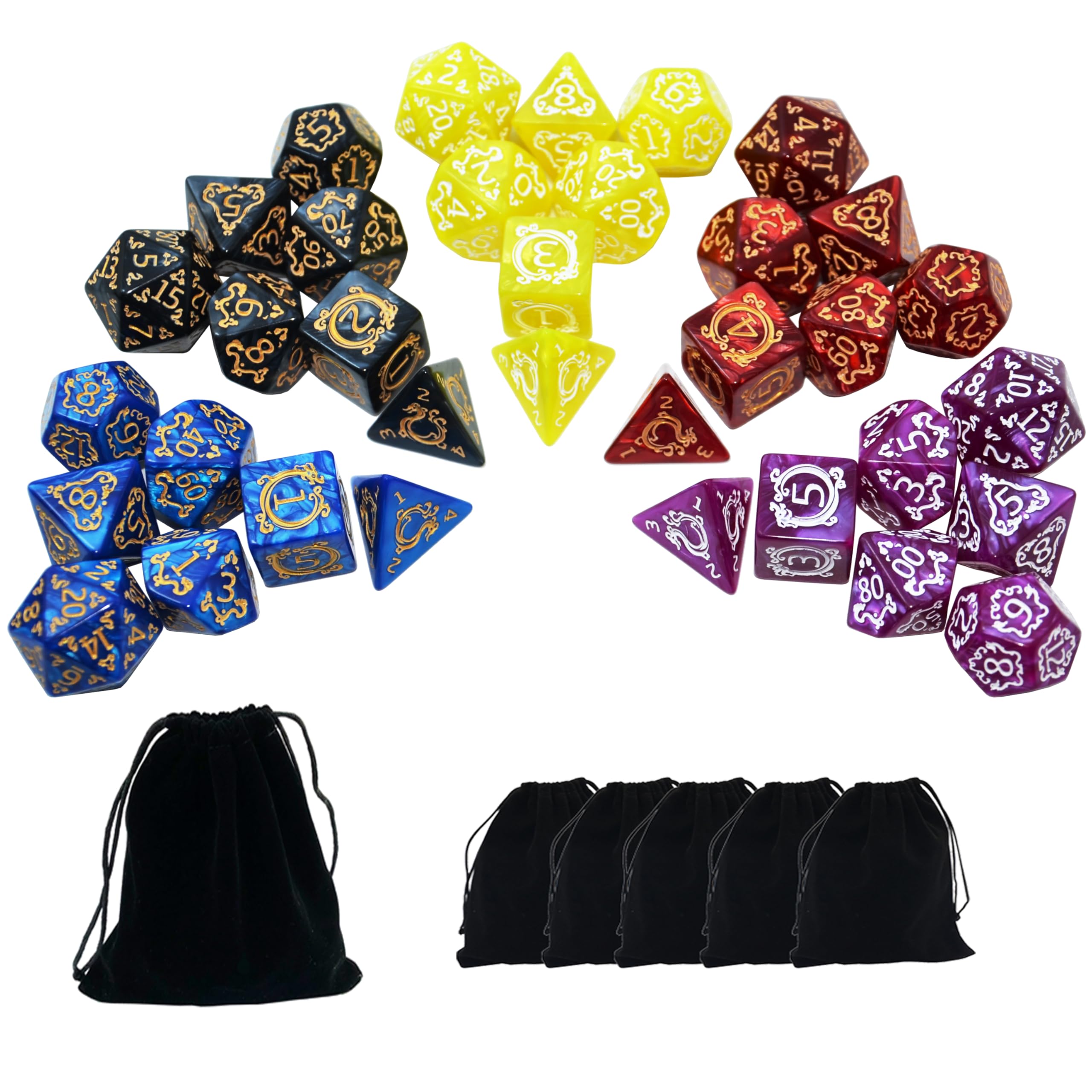 Smartdealspro Retro Polyhedral Dice Sets with Pouches for D&D DND RPG MTG Dungeon and Dragons Table Board Roll Playing Games D4 D6 D8 D10 D% D12 D20