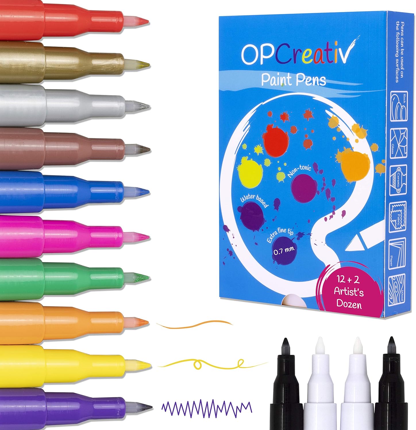 14 Acrylic Paint Pens, Fine tip in 12 Colours with Extra Black and