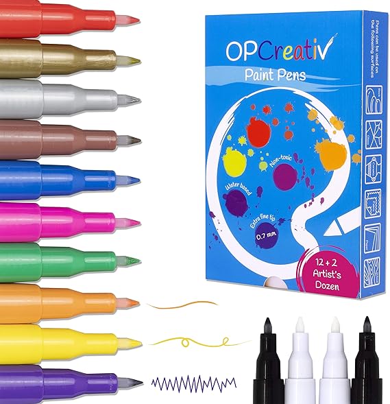14 Acrylic Paint Pens, Fine tip in 12 Colours with Extra Black and
