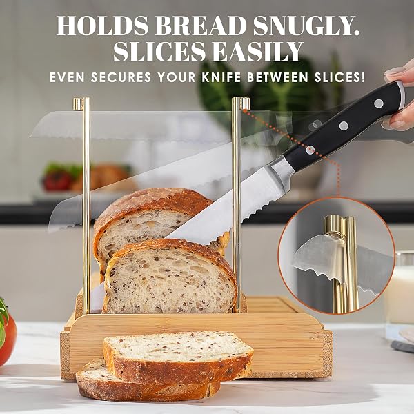 DITTO 2.0 BAMBOO BREAD SLICER FOR HOMEMADE BREAD – 6.5″ WIDE ADJUSTABLE BREAD SLICER GUIDE CUTS EVEN SLICES, 4 THICKNESS OPTIONS – WORKS WITH BUNS, BAGELS – INCL CRUMB TRAY