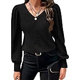 HOTOUCH Women's Knit Shirt Soft Puff Long Sleeve Blouse Tops Lightweight V Neck Tunic XS-XXL