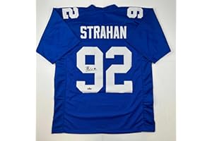 HOFSM.COM HALL OF FAME SPORTS MEMORABILIA Facsimile Autographed Michael Strahan New York Blue Reprint Laser Auto Football Jersey Size Men's XL