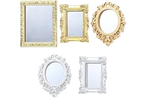 SKYLETY 5 Pieces Miniature Dollhouse Mirror European Frame Mirror Dollhouse Victorian Baroque Wall Decor Miniature Bedroom Mini Furniture Accessory for 1/12 Dollhouse Decor, Gold and Silver