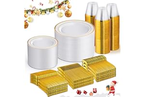WELLIFE 600 PCS Gold Disposable Dinnerware Set for 100 Guests, Gold and White Plastic Plates for Party, 100 Each-Dinner & Salad Plates, Cups, Forks Knives Spoons for Christmas Wedding and Party
