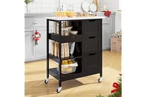 YITAHOME Small Solid Wood Top Kitchen Island Cart on Wheels with Storage, Rolling Portable Dining Room Serving Utility Carts Mobile Movable with 3 Drawers Cabinet, Brown