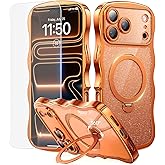 3 in 1 for iPhone 17 Pro Case with 360° Spin Magnetic Stand, 1X DIY Glitter Cardstock +1X Screen Protector, [Fit for Magsafe]Cute Wavy Trendy Glossy Clear Phone Cover for Women Girls 6.3Inch, Orange