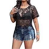 SOLY HUX Women's Plus Size Sheer Lace Tops Fringe Hollow Out Short Sleeve Tee Vacation Summer T Shirt