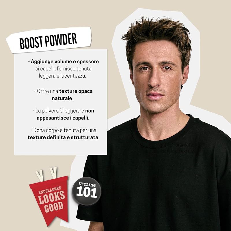 Boost Powder, Polvere Styling Volumizzante Uomo, Tenuta Leggera & Finish Opaco, Dona Corpo, Spessore e Volume ai Capelli, 10g
