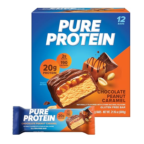 PURE PROTEIN BARS, HIGH PROTEIN, NUTRITIOUS SNACKS TO SUPPORT ENERGY, LOW SUGAR, GLUTEN FREE, CHOCOLATE PEANUT CARAMEL, 1.76OZ, 12 COUNT (PACK OF 1) (PACKAGING MAY VARY)
