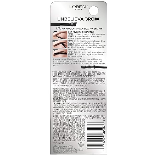 L’OREAL PARIS UNBELIEVA-BROW LONGWEAR WATERPROOF TINTED BROW GEL, SMUDGE-RESISTANT, TRANSFER- PROOF, QUICK DRYING, EASY AND QUICK APPLICATION WITH PRECISE BRUSH, BLACK, 0.15 FL. OZ.