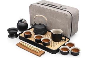 Chinese Traditional Gongfu Tea Set - Ceramic Travel Teaset with 6 Cups & Leather Case | Portable Tea Gift Set for Adults | Ho