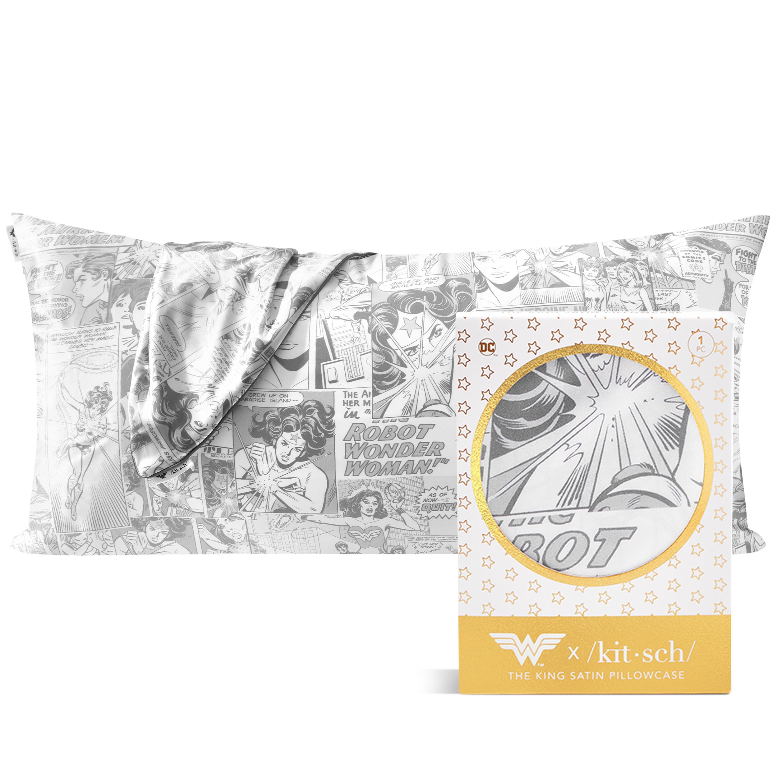 Wonder Woman x Kitsch Satin Pillowcase for Hair, Softer Than Mulberry Silk Pillow Cases with Zipper, Smooth Cooling Pillow Covers 19x26 in, Satin Pillow Cases Standard Size Set of 1 Pack (Comic Print)