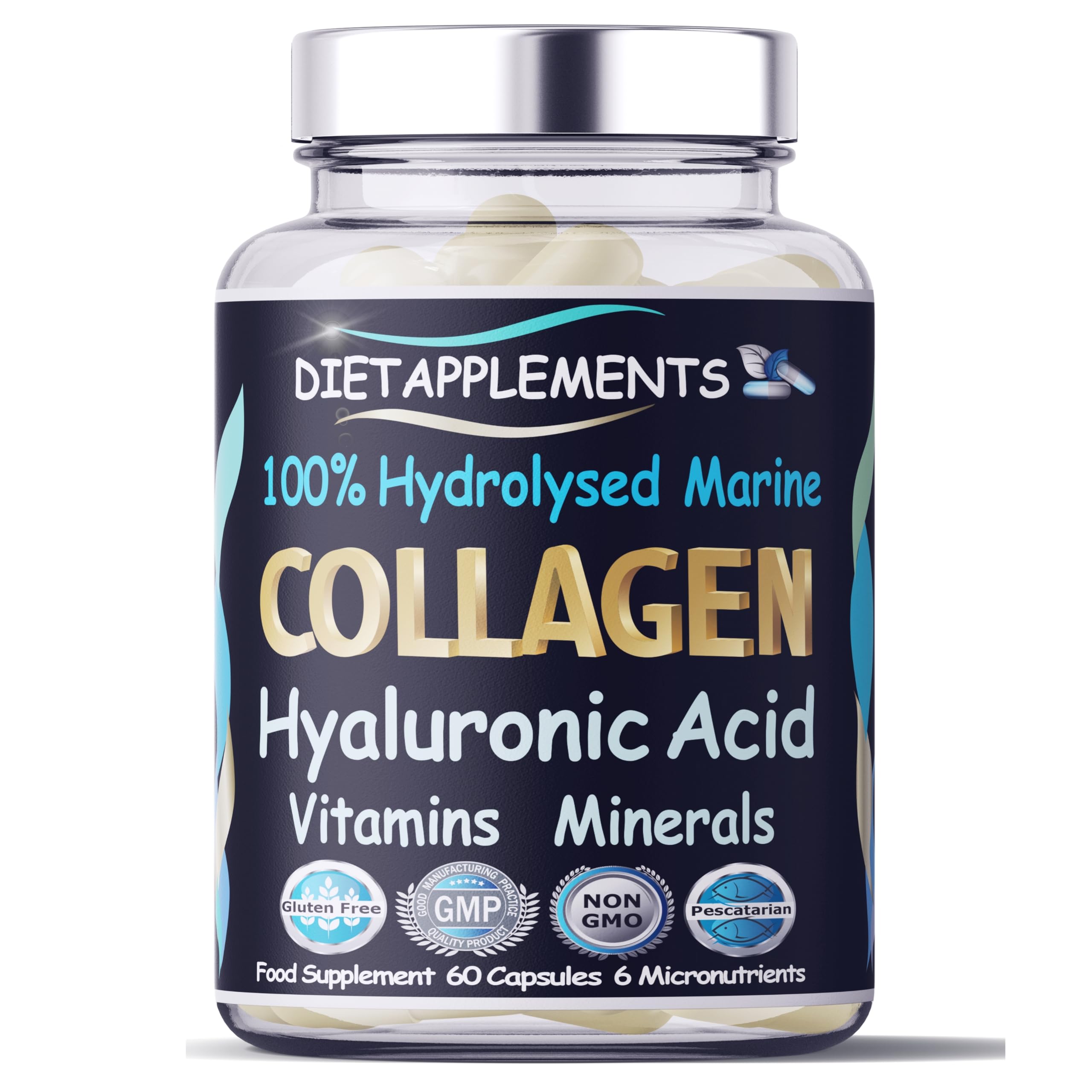 Advanced Skin, Hair, Nails, Bones Complex. Marine Collagen from Wild Fish 1000mg, Hyaluronic Acid 200mg; Vitamin C, Zinc, Copper for Immune System; E, B2, Iodine. 100% Hydrolyzed Peptides Supplement.