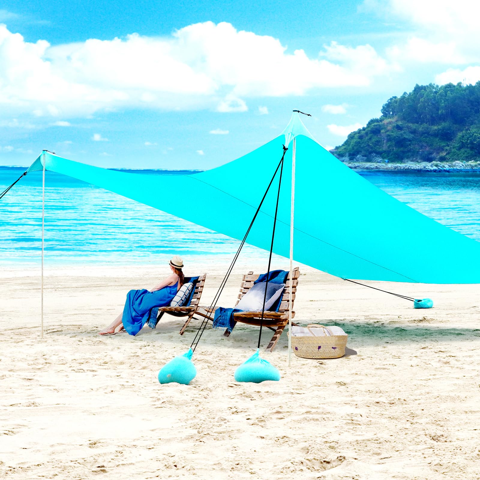 Portable Beach Tent with 2 Poles, Beach Sun Tent for Sun Protection, Sun Canopy for Beach Garden Camping Patio 215X200cm