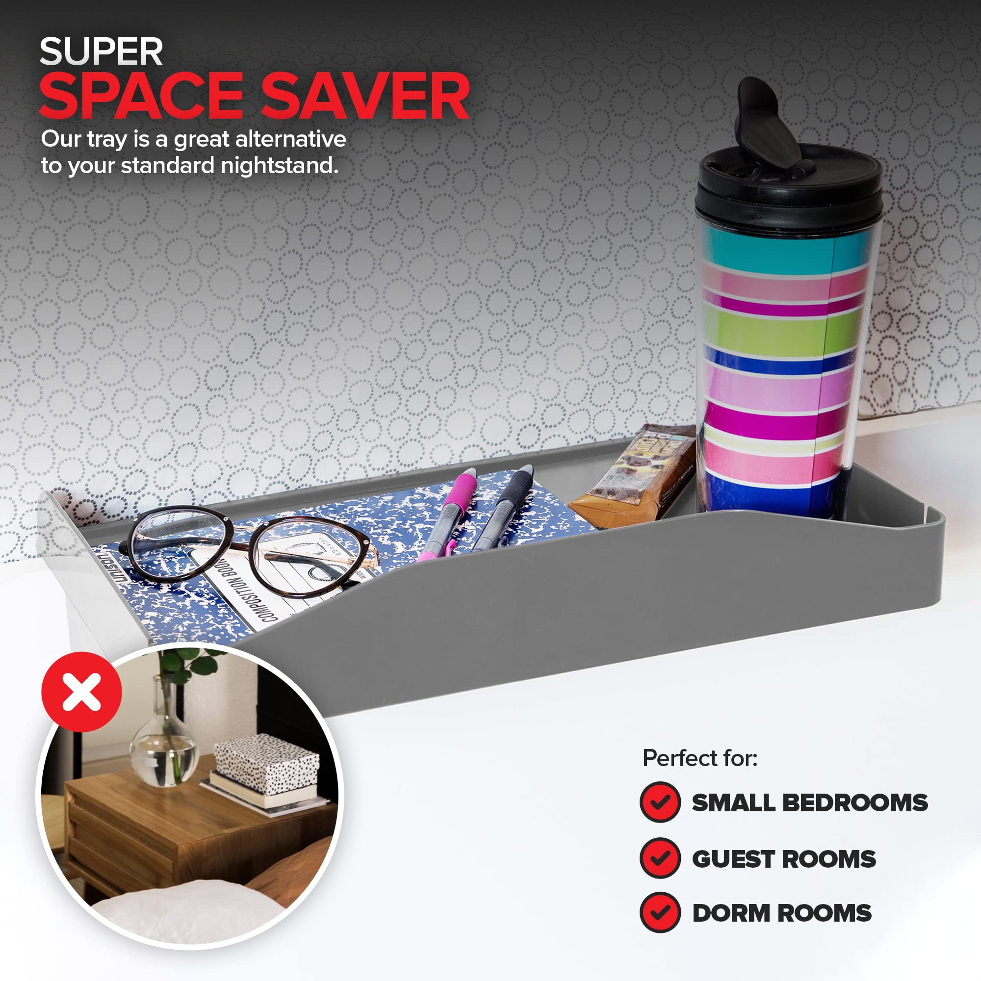 Modern Innovations Bedside Shelf for Bed, College Dorm Room, Bunk Bed Shelf for Top Bunk, Clip On Nightstand Tray with Cord and Cup Holder, Bunkbed Caddy for Table Storage (Dark Gray)