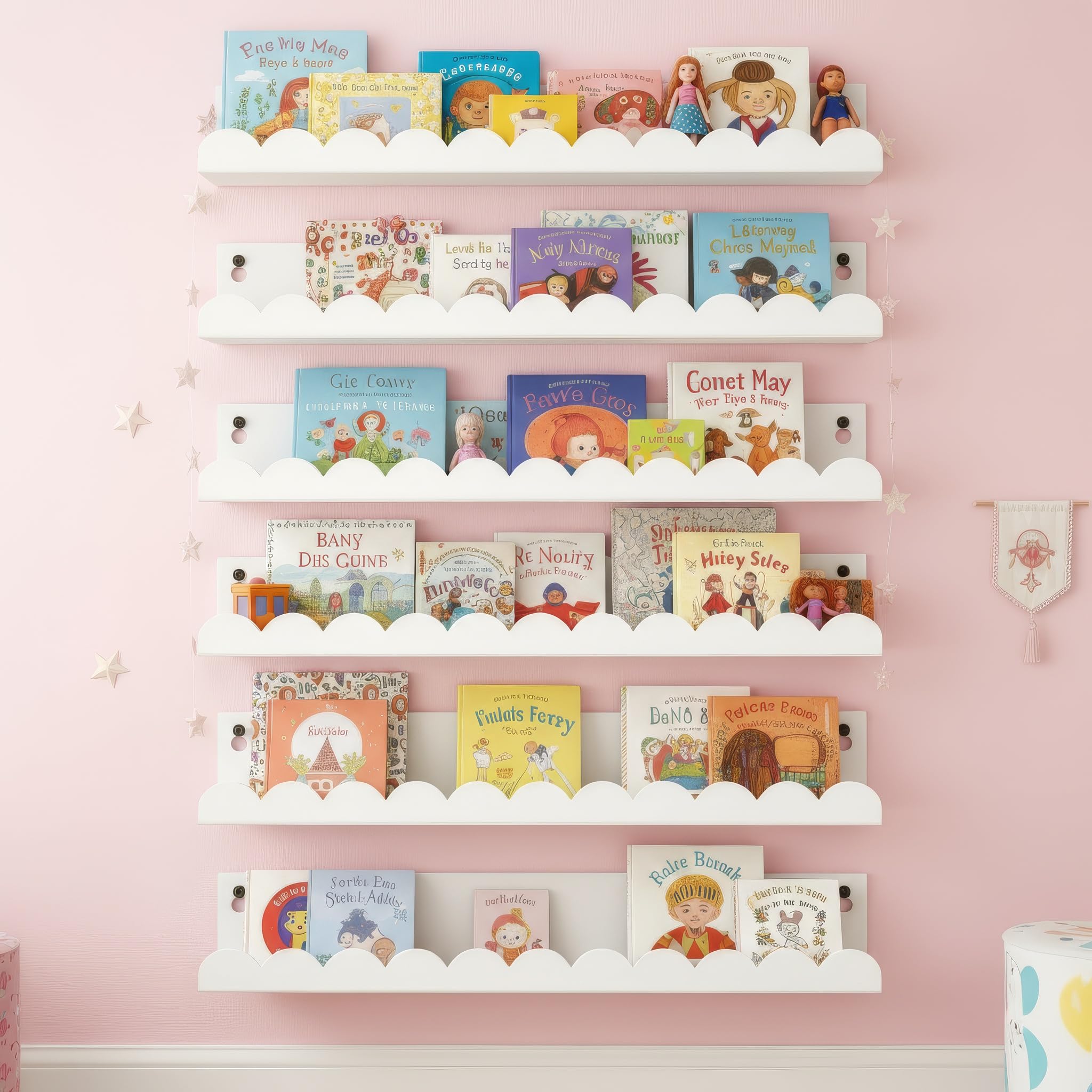 FESTLOVE Nursery Book Shelves Set of 6, White Metal Floating Shelves for Wall, 16 Inch Scalloped Book Shelf for Kids Room, Bathroom, Bedroom, Playroom Wall Decor & Storage
