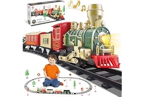 JQ JUQU JUQU Christmas Train Set for Kids Ages 3-8 – Battery Operated Toy Train with Lights, Sounds, 3 Cars & 10 Tracks, Classic Christmas Tree Train Set for Under or Around Tree