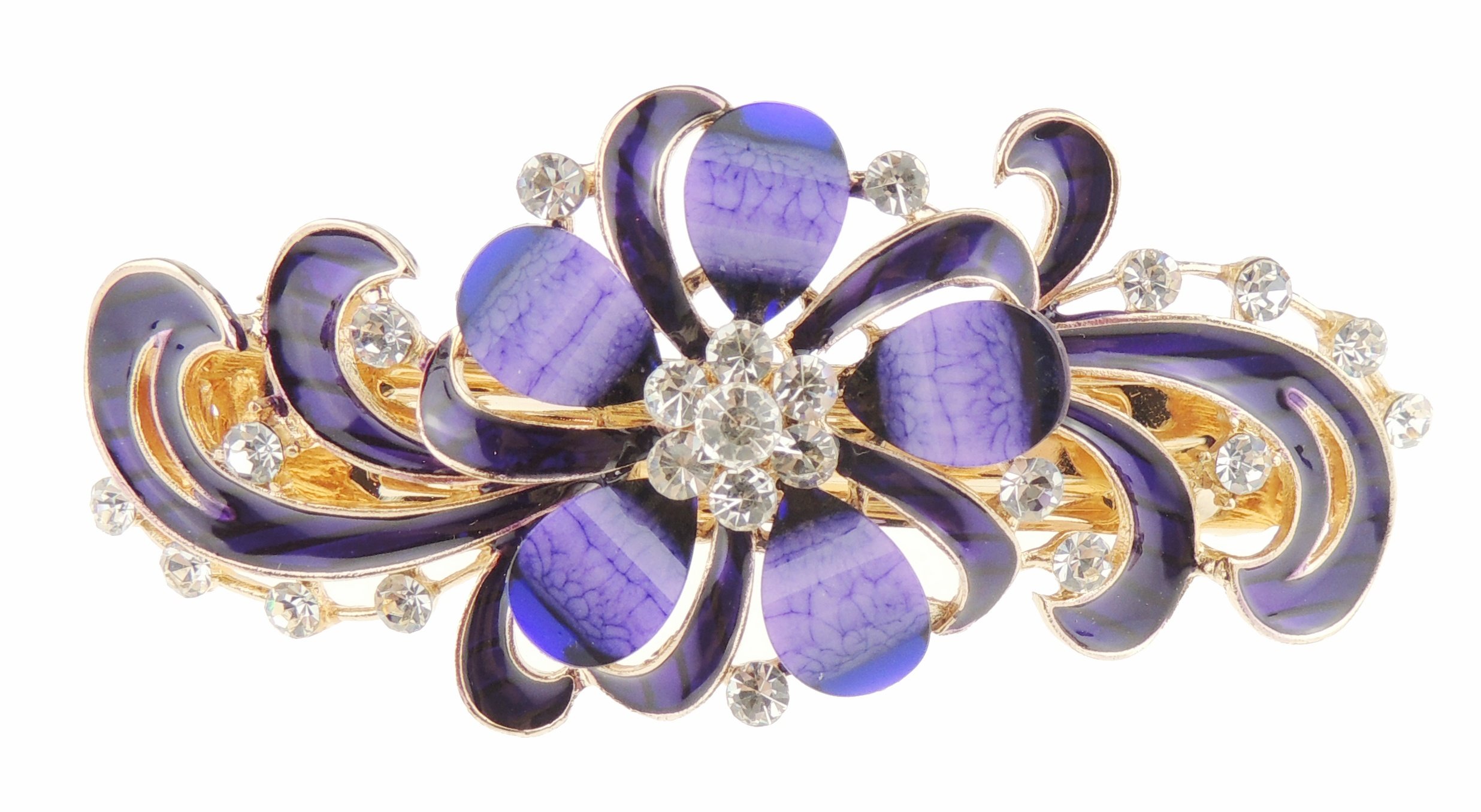 Womens Girls Crystal Rhinestone Diamante Wedding Birthday Party Evening Ponytail Fine Medium Hair Accessories Barrette Hairpin Grip French Spring Clip Metal Enamel Swirly Leaves & Flower Purple